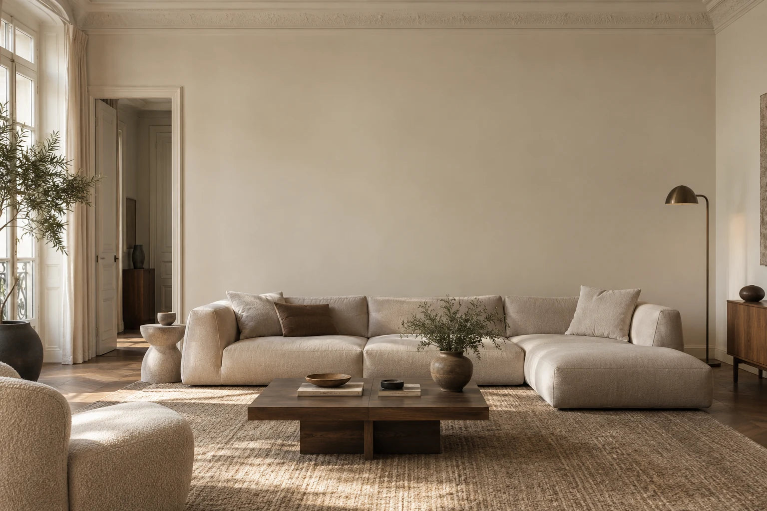 Salon aux tons naturels avec une composition murale Maison Sourdine