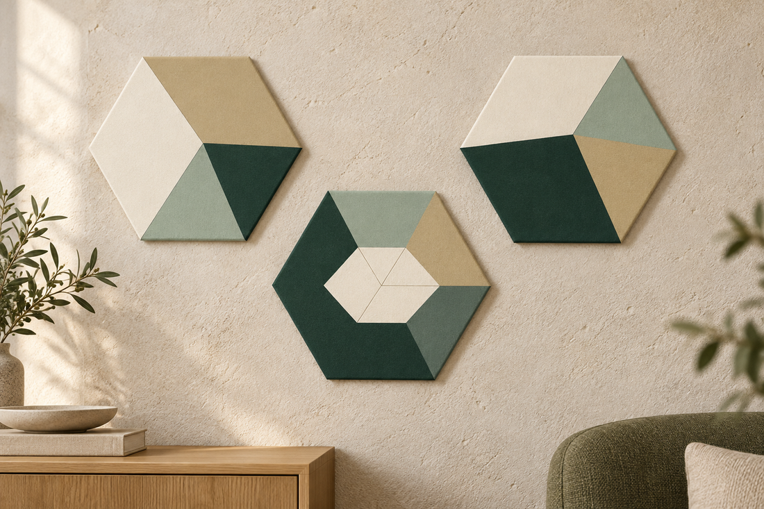 Exemple de composition personnelle de trois panneaux acoustiques hexagonaux, palette ivoire et olive, dans un intérieur. Le visuel final est celui composé par le client.