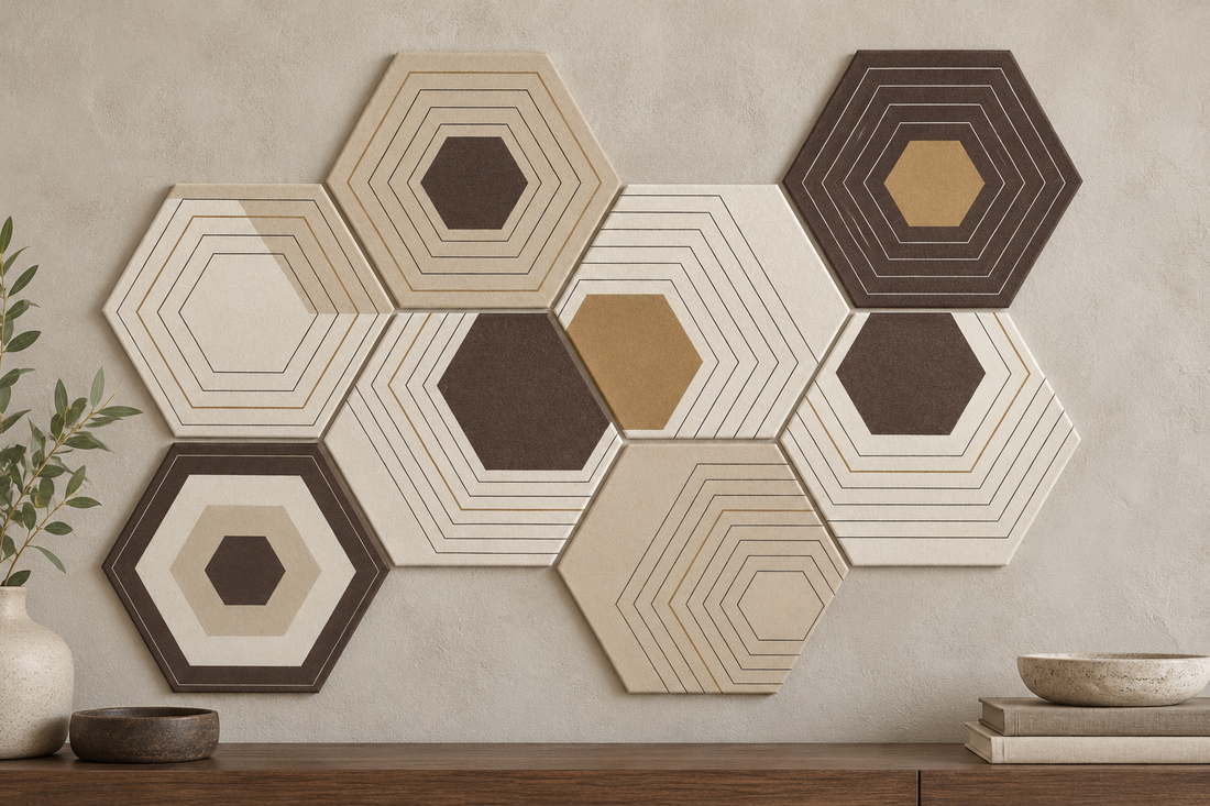 Mosaïque Halo composée de huit panneaux acoustiques hexagonaux aux couleurs douces et chaudes, présentée dans un intérieur contemporain.