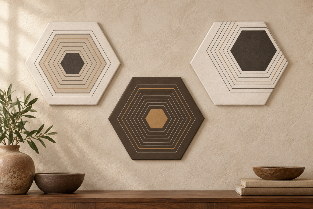 Trio Halo composé de trois panneaux acoustiques hexagonaux aux couleurs douces et chaudes, mis en situation dans un intérieur contemporain.