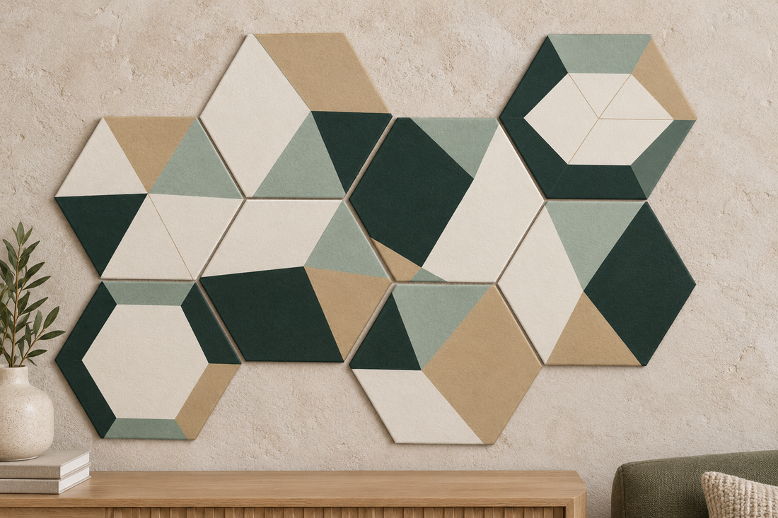 Mosaïque Prisme composée de huit panneaux acoustiques hexagonaux aux tons minéraux, présentée sur un mur de salon.