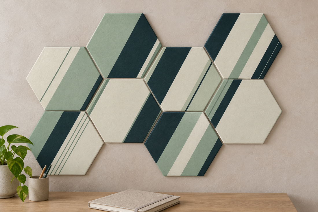 Mosaïque Sillage composée de huit panneaux acoustiques hexagonaux, mise en situation dans un salon aux matières naturelles.