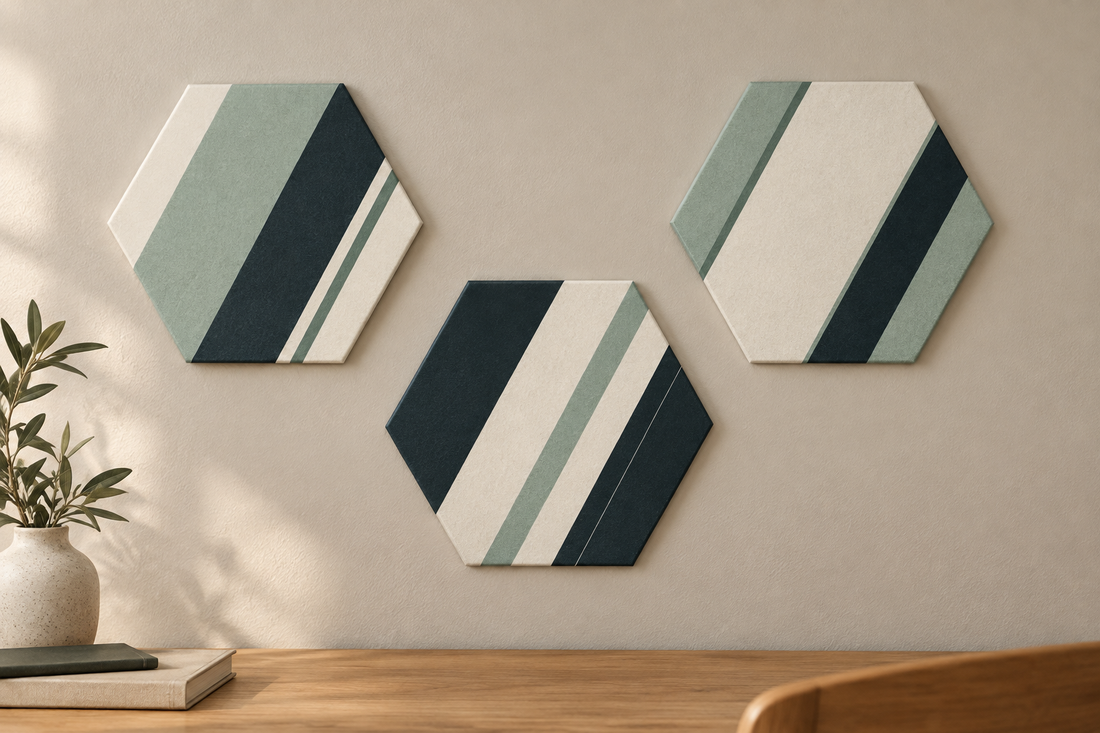 Trio Sillage composé de trois panneaux acoustiques hexagonaux, présenté sur un mur dans un intérieur aux matières naturelles.